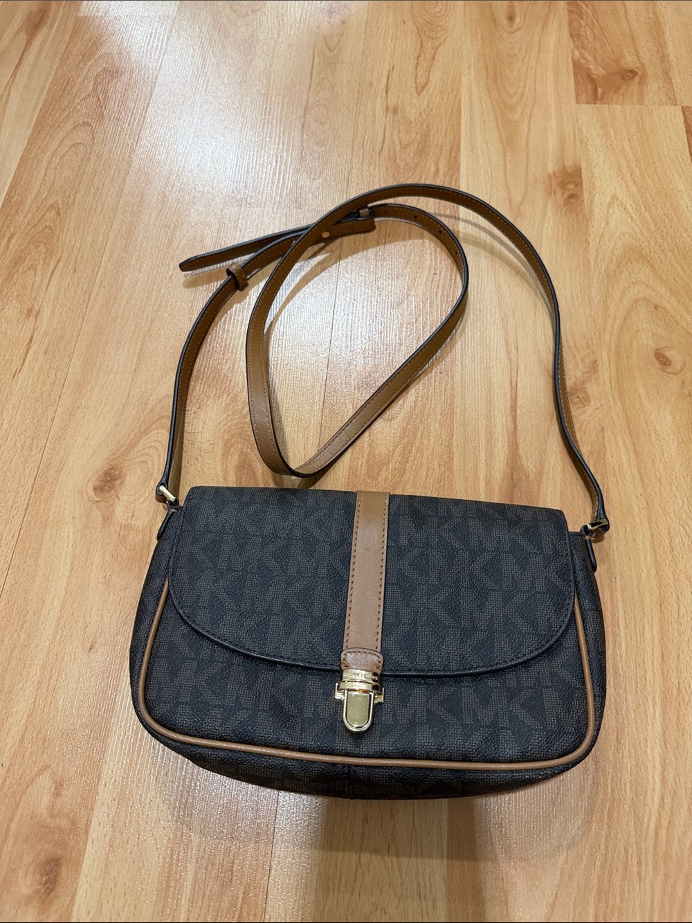 Michael Kors Dark Brown Monogram Crossbody with Tan Trim